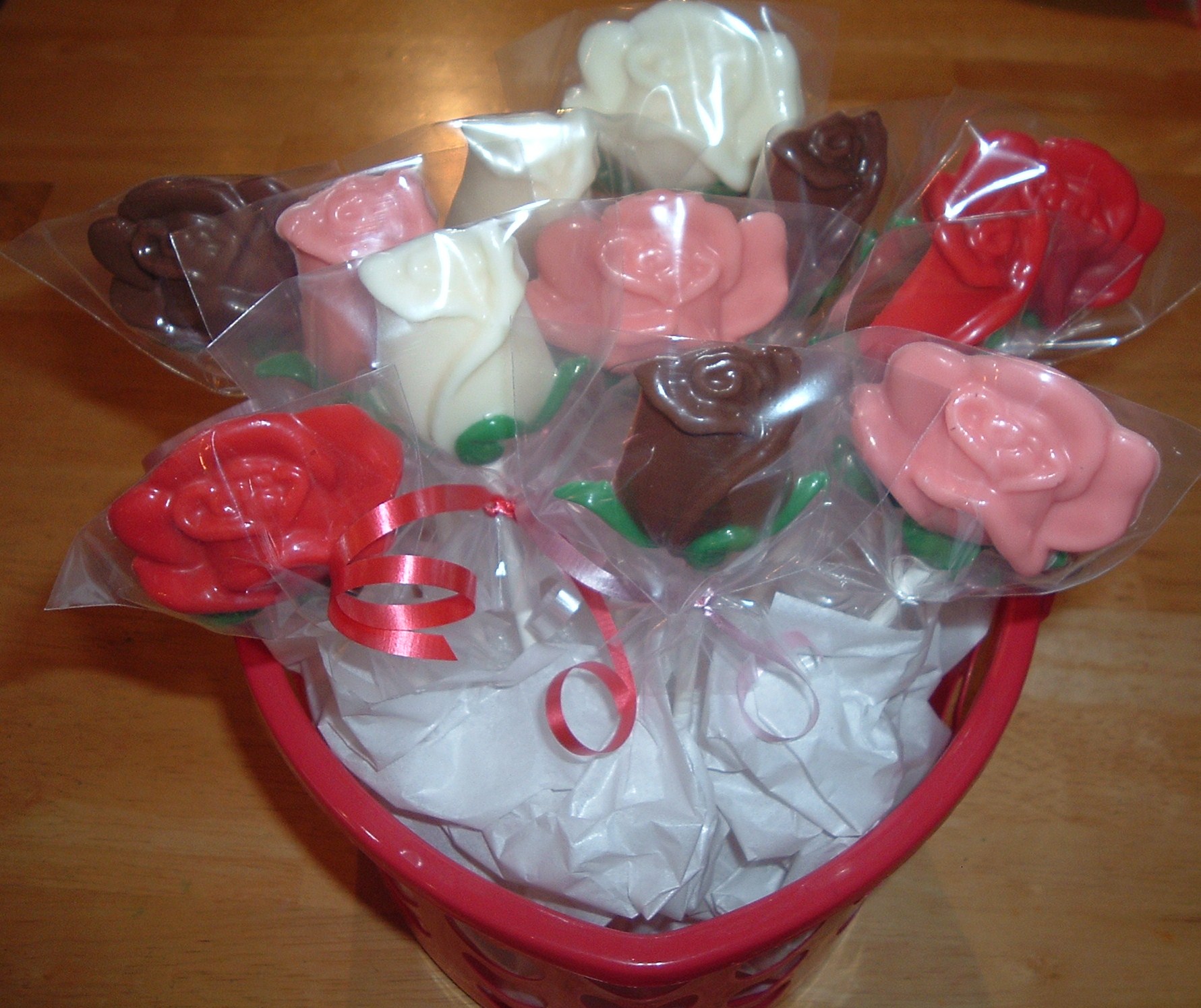 Valentines Chocolate Roses Lollipop Gift Basket in Red